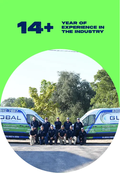 Global Cooling & Plumbing+ team with service vans